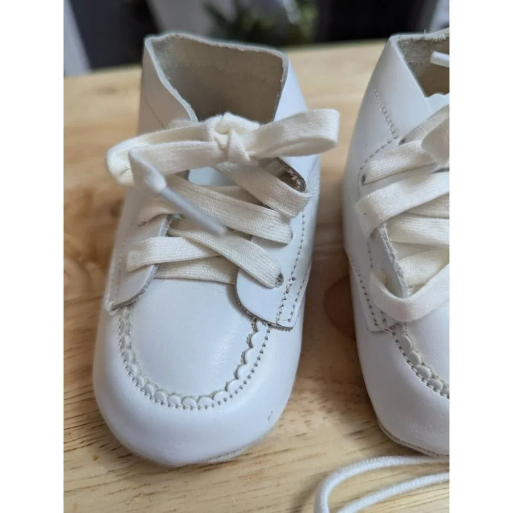 Baby Newborn white soft thin leather shoes‎ 1950's baptism wedding extra laces